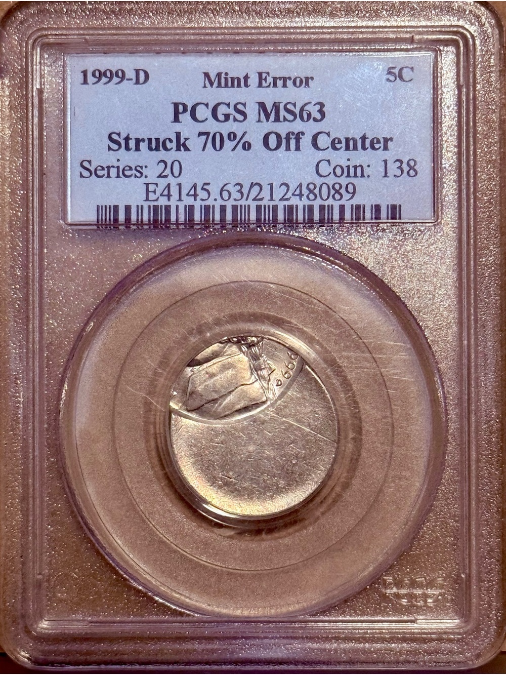 1999 D Jefferson Nickel MINT ERROR, Struck 70% Off Center • Gradef PCGS MS63